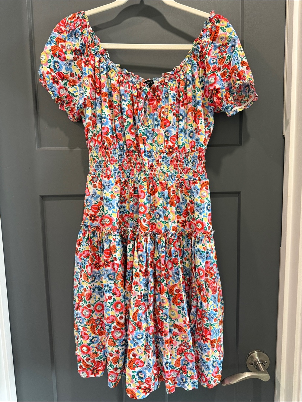 J. Crew Floral Puff-Sleeve Smocked Dress in Red, Blue, Yellow